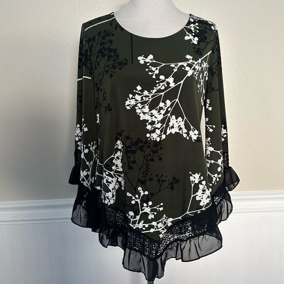 Flowy Green Floral Y2K Fairycore Whimsical Wide Long Bell Sleeve Goth Blouse Top - Picture 7 of 8